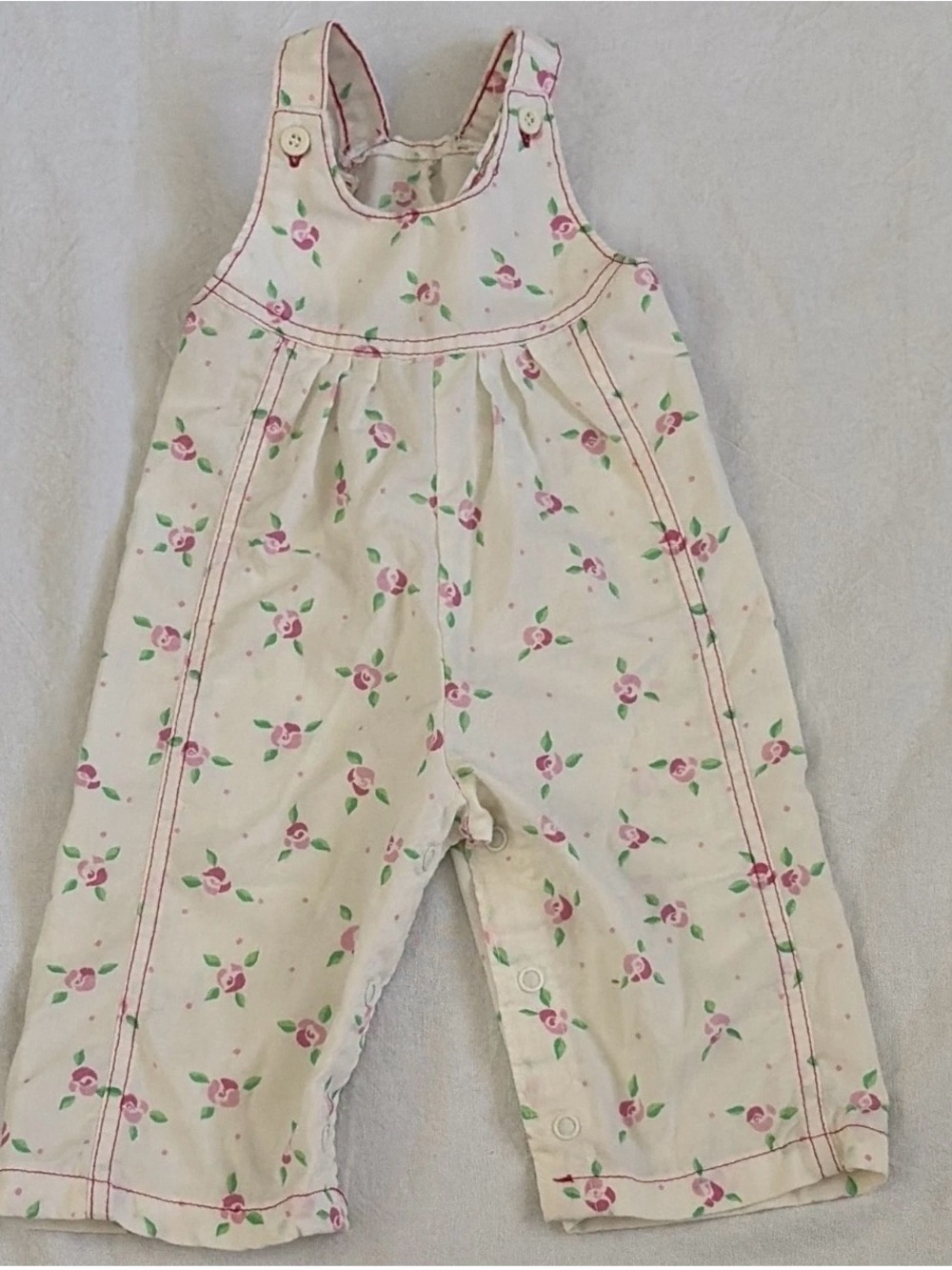 Vintage Health-Tex Baby Girls Cream Floral Overalls with Pink Roses